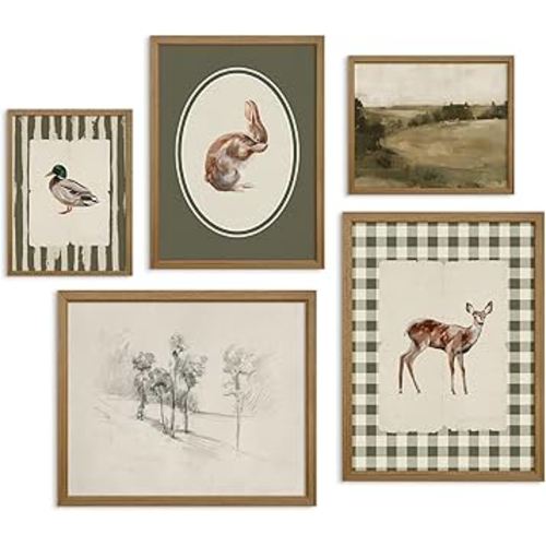Vintage Nursery Wall Art Kids Canvas Poster Baby Boy Room Wall Decor Green Rabbit Wall Art Bunny Bird Prints Deer Picture Farmhouse Painting Nursery Artwork for Bedroom 8x10 Inch Wood Framed Set of 5