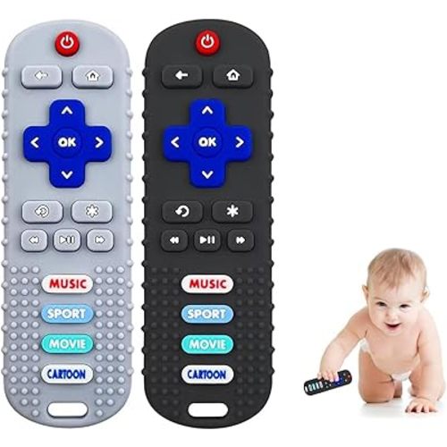 2-Pack Baby Remote Control Teether Toy for Babies 0-18 Months Silicone Infant Teething Toys Boys Girls Infants Teething Toys (Black + Gray)