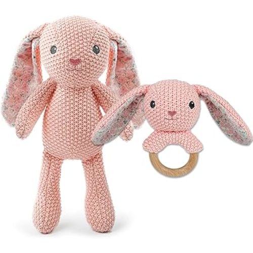 Pink Bunny Wooden Baby Rattle 2 PCS 10'' Rabbit Crochet Cotton Stuffed Animal Toys Set for Baby: Rabbit Plush Doll Toy and 5.9'' Baby Rattle Teddy Bear for Newborn Baby Shower Birthday Gift