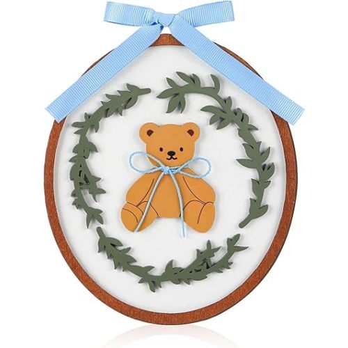 Weysat Wooden Nursery Bear Wall Decor with Blue Bow Three-dimensional Carvings of Leaves, Funny Cute Little Bear Wall Art for Nursery Bedrooms Living Rooms Gift