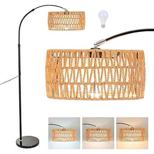 Arc Floor Lamp for Living Room, Stylish Rattan Boho Floor Lamp with 3 Color Temperature Dimmable LED Bulb, Farmhouse Tall Lamp, Arched Standing Lamp for Office Bedroom Living Room Corner (Original)