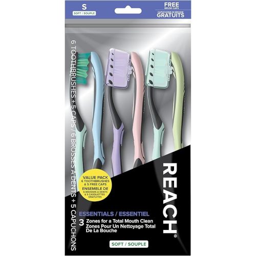 Reach Essentials Toothbrush with Toothbrush Caps, Multi-Zoned Angled Soft Bristles, Contoured Handle, Tongue Scraper, 6 Count