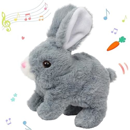 Hopearl Hopping Rabbit Interactive Electronic Pet Plush Bunny Toy with Sounds and Movements Animated Walking Wiggle Ears Twitch Nose Gifts for Toddlers Birthday, Gray, 7''