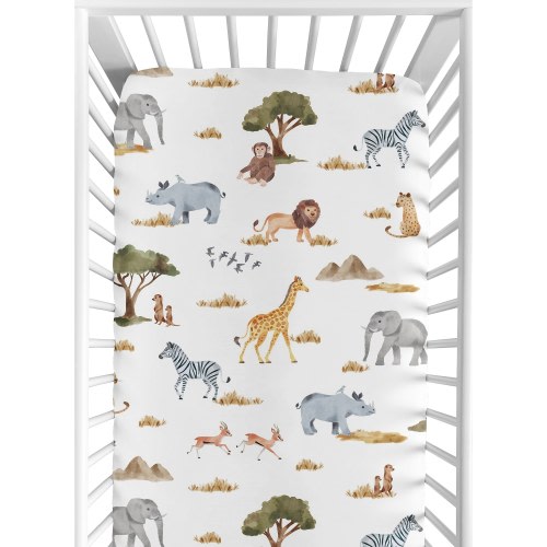 Jungle Animals Fitted Crib Sheet Hunter Green Yellow Grey Black and White Safari Elephant Giraffe Lion Monkey Leopard Cheetah