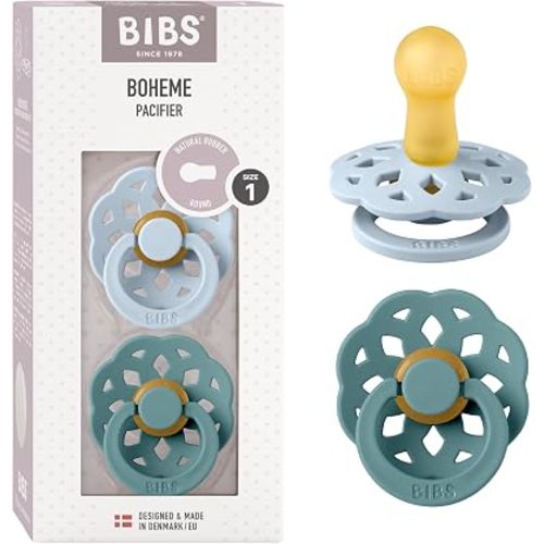 BIBS Boheme Soother 2-Pack. BPA Free Dummy Pacifier, Symmetrical Nipple. Natural Rubber Latex, Made in Denmark. 0-6 Months (Pack of 2), Baby Blue/Island Sea