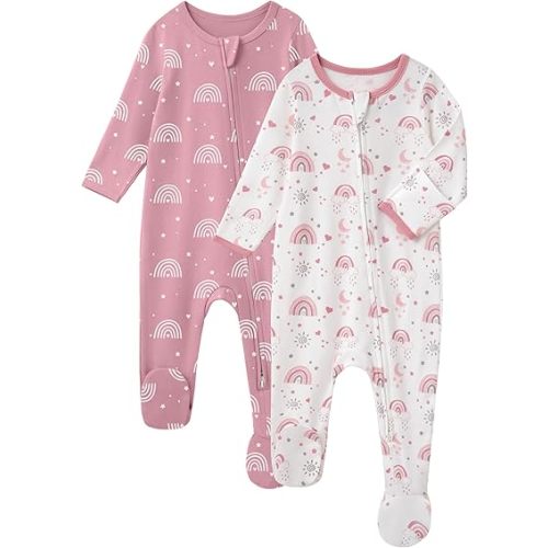 Baby Girl Sleepers 100% Cotton Footie Pajamas Newborn 3-6 Months with 2-Way Zipper, 2pcs PJs Baby Girl Clothes