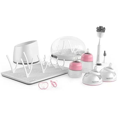 Nanobebe Baby Bottle Ultimate Feeding and Cleaning Set, for Breast Milk and Formula, Cleaning and Soothing Essentials, Baby Shower Registry Gift, for Newborn, Infant and Baby - Pink