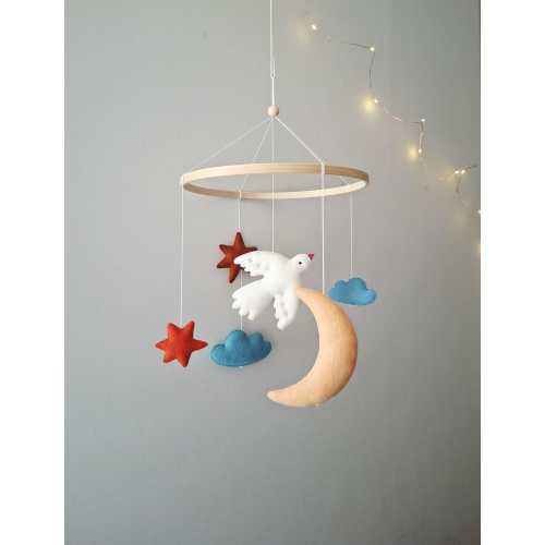 Folk Bird Crib Mobile - Cloud, Moon, and Stars Nursery Mobile - Nursery Hanging Decor, Newborn Gift, Baby Shower Gift