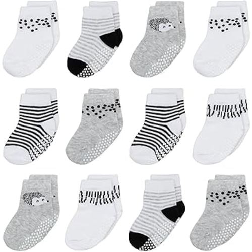 Mother's Choice Organic Cotton Baby Socks 6-12 Months, 12 Pairs Unisex Anti Slip - Soft & Hypoallergenic Baby Girl & Boys Socks (US, Age, 6 Months, 12 Months, Gray - White)