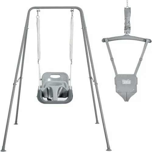 FUNLIO 2 in 1 Swing Set for Toddler & Baby Jumper, Heavy Duty Kids Swing & Bouncer with 4 Sandbags, Foldable Metal Stand for Indoor/Outdoor Play, Easy to Assemble and Store - Grey