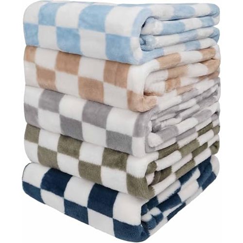 Baby Blanket 5 Pcs Checkerboard Grid Ultra Soft Gift-Ready Plush for Newborns, Nursery & Stroller 30"x40" Green Blue Light Gray Dark Blue Camel
