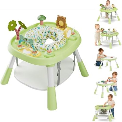 Baby Activity Center, 360° Rotating Seat and Adjustable Heights, Baby Jumpers and Bouncers with 5 Toys, Music Lights Sounds, Play Table, Interactive Play Center for Age 6M+ (Green)
