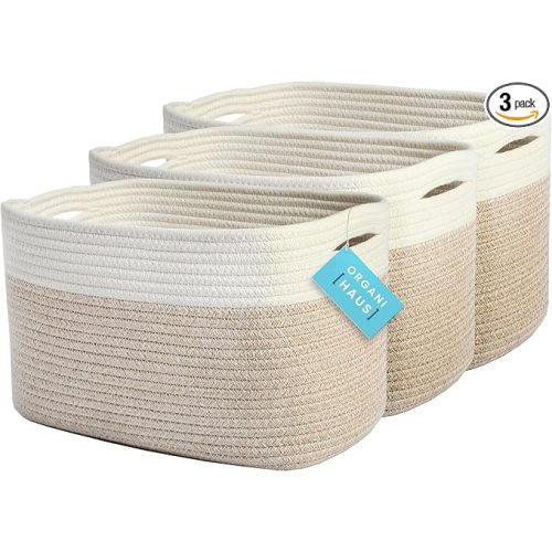 OrganiHaus Rope Baskets for Shelves - Set of 3 Woven Storage Baskets for Organizing, Closet & Toy Storage - Light Honey/Off-White - 15x9x10