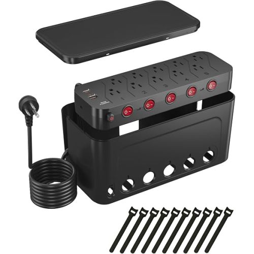 Power Strip with Cable Management Box, Large Cable Organizer Box, Black
