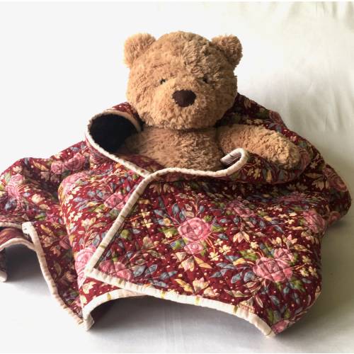 Maroon Floral Baby Quilt, Handmade Cotton Heirloom