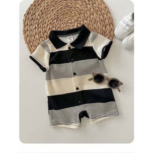 Newborn Baby Boy Black And White Striped Summer Knit Short Sleeve Romper,Family Matching Outfit,Suitable For Birthday Party,Wedding,Christening