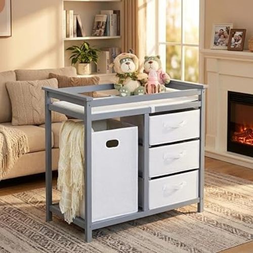 Garvee Wooden Baby Changing Table,Modern Diaper Changing Table,Infant Diaper Station Dresser with Laundry Hamper, 3 Drawer Basket- Storage Organizer for Baby Clothes, Diapers & Toys