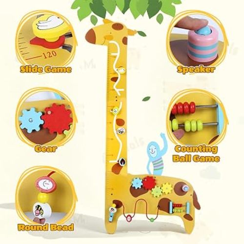 BROWNROOT Wooden Giraffe Growth Chart, Montessori Height Ruler with 5-in-1 Sensory Activities, Measuring Wall Toy for Kids 3-6, Bead Maze, Gears, Slide, Squeaker & Abacus, Educational Learning Gift