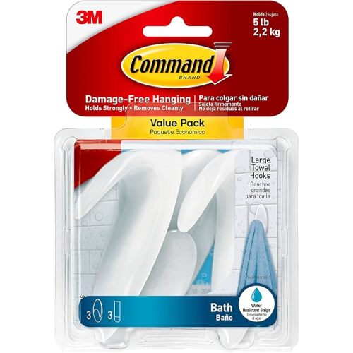 Command Bath Large Towel Hook Value Pack, Clear Frosted, 3-Large Hooks, 3-Water-Resistant Strips, Organize Damage-Free