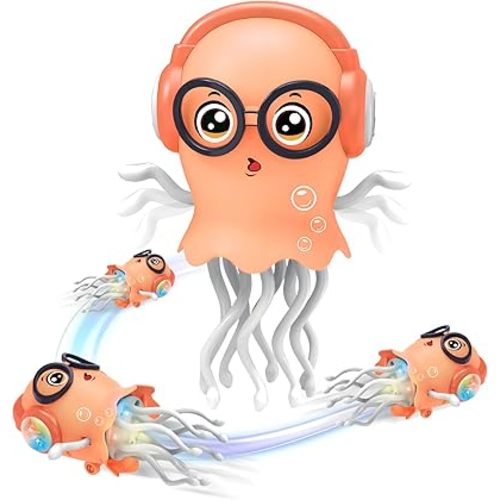 Magic Electric Dancing Jellyfish Toy with Led Light and Music,Playful Automatic Steer Crawling Dancing Baby Toy with Smart Tentacle Explorer,Octopus Toy,Tummy Time Toys (Orange)