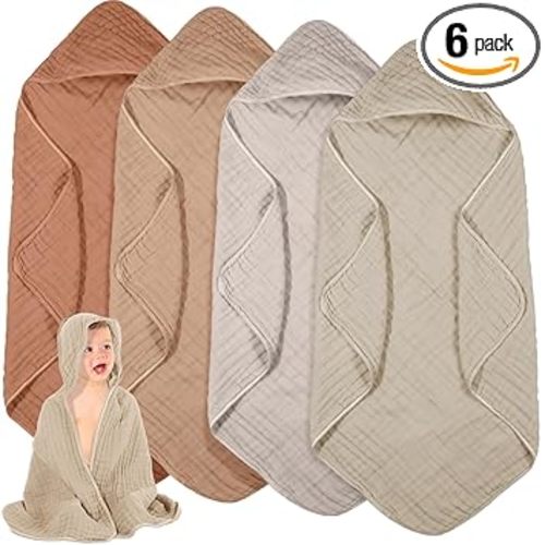 Peryiter 6 Pcs Baby Towels Cotton Muslin Hooded Baby Towels for Newborn Infant Toddler Large 32 x 32 Inch Soft Absorbent Blankets Bath Essentials Registry Gifts for Girl Boy (Brown Series)
