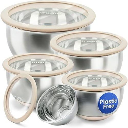 Non-Toxic Stainless Steel Mixing Bowls, Glass Lids, Plastic Free, 5-Pcs