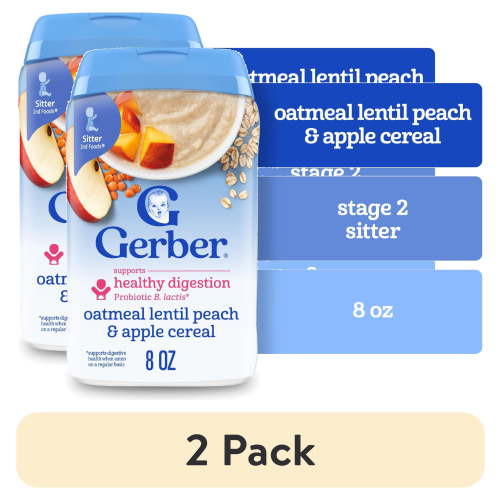 (2 pack) Gerber Cereal for Baby Power Blend 2nd Foods Probiotic Oatmeal Baby Cereal, Peach Apple, 8 oz Canister