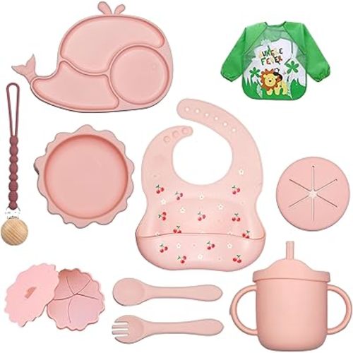 Silicone Baby Feeding Set 14 Pcs | Baby Led Weaning Supplies | Baby Spoons Suction Bowl Divided Plate Bib Cup | First Stage Solid Food Eating Utensils - 6+ Months (Pink)