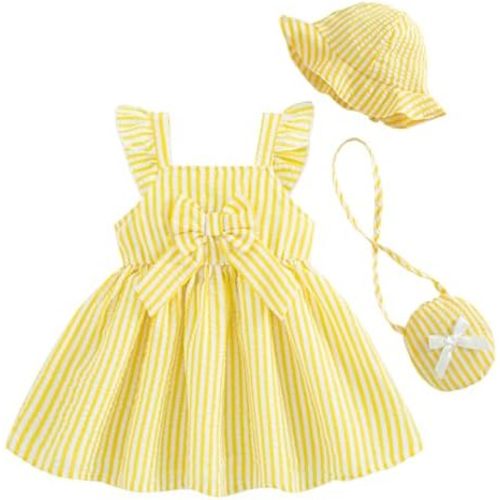 Renotemy Infant Baby Girl Summer Dress Ruffle Flutter Sleeve Bowknot Sundress Gifts Casual Clothes Outfits with Hat and Bag