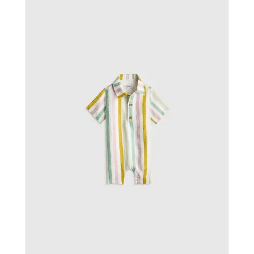 100% Linen Button Front Romper - Baby in Sky Blue Mariner Stripe