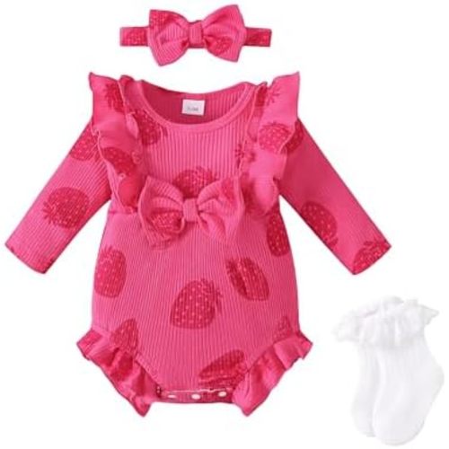 Renotemy Baby Girl Clothes Ruffle Bodysuit Romper Long Sleeve Cotton Outfit with Headband Preemie Newborn Fall Winter Gifts
