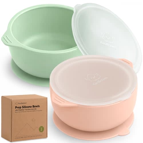KeaBabies 2-Pack Baby Bowls with Suctions, Lids, Silicone (Mellow) | Toddler Suction Bowls for Baby Boys, Girls, Kids, Food Grade Silicone, Dishwasher Safe, BPA-Free, Baby Eating Essentials