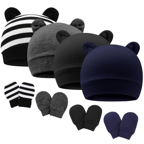 Newborn Baby Hat and Mittens Set Bear Ears Toddler Infant Beanie Caps Newborn Hospital Hat for Baby Boy Girl 0-3 Months