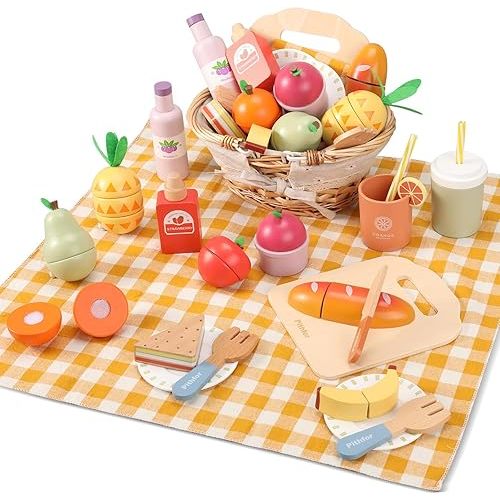 Picnic Playset, Wooden Play Food Set for Kids Kitchen, Cutting Pretend Play Kitchen Food Toy for Toddlers Girls Boys 3 4 5 Years Old