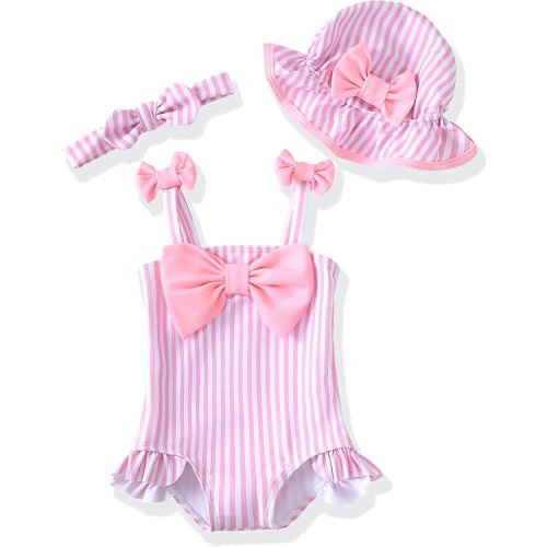 Renotemy Baby Girl Swimsuit Infant Bathing Suit Swimwear Sleeveless Bikini Tankini Toddler Girl One-Piece Swimsuit with Hat