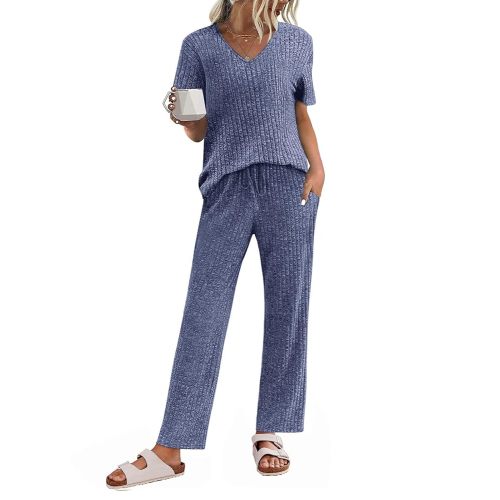 JiniGolla Womens Ribbed Knit Lounge Set Short Sleeve Top and Long Pants Sleepwear Pajama Set Two Piece Matching Outfits Set