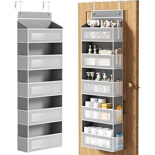 Over The Door Organizer, Over the Door Storage with 5 Large 10 Side Pockets, Hanging Door Organizer 44 lb Load Behind Door Storage, Hanging Shelf for Closet Wall Bedroom Bathroom Nursery, 5-Tier Grey