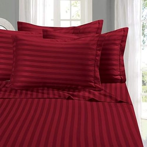Elegant Comfort Best, Softest, Coziest 6-Piece Sheet Sets! - 1500 Premier Hotel Quality Luxurious Wrinkle Resistant 6-Piece Damask Stripe Bed Sheet Set, King Burgundy