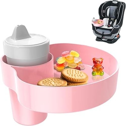 Car Seat Snack Tray: Travel Tray for Kids Carseat Cup Holder with Food Trays, Stroller Snacks Plate for Toddlers, Kid Road Trip Essentials, Pink