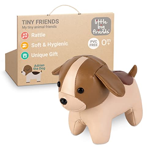 Little Big Friends Tiny Friends | Soft Baby Rattle Toy | Special Stuffed Animal | Easy to Clean | Ideal for Strollers, Car Seats, Diaper Bags | Adrien The Dog