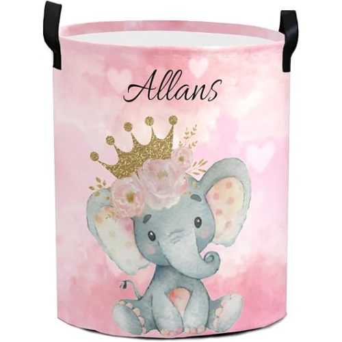 Personalized Round Folding Laundry Hamper,Customized Canvas Basket,Convenient Home Organizer Containers for Kids, Boys Girls, Nursery Hamper(Pink Love Elephant)
