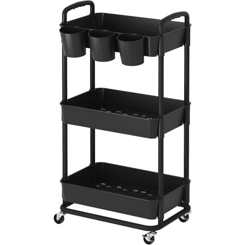 3-Tier Baby Diaper Caddy Organizer Cart with Locking Wheels & Hanging Cups - Rolling Storage Cart for Nursery, Changing Table, Baby Essentials, Black