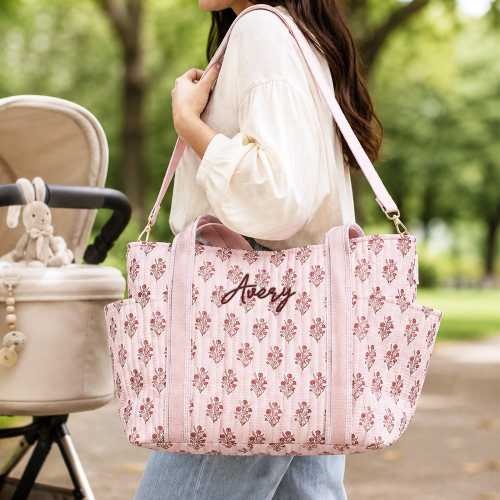 Embroidered Floral Block Print Tote, Custom Quilted Diaper Bag, Monogram New Mom Gift