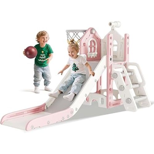 BIERUM 6 in 1 Toddler Slide for Toddlers Aged 1-3 Indoor Playset Pink