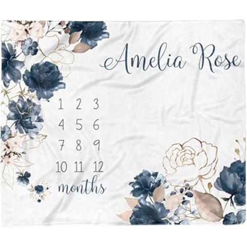 Personalized Baby Girl Milestone Blanket, Elegant Blue Floral Monthly Milestones Photo Blankets, Custom Name Newborn Blanket for Newborn Boy Or Girl, Soft Fleece