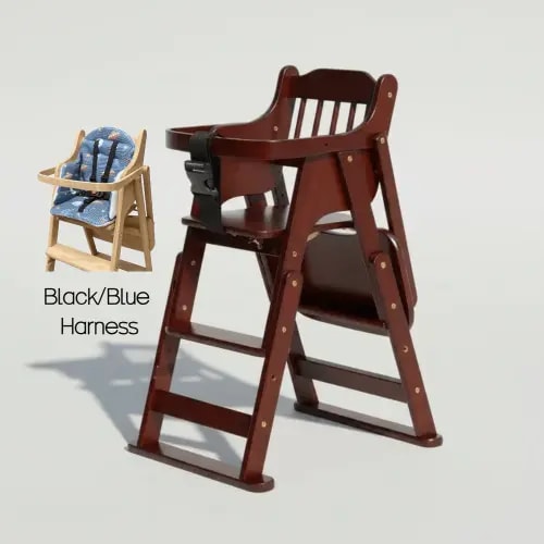 Foldable Solid Wood Baby High Chair | Convertible Toddler Dining Chair & Step Stool w/ Harness Pad