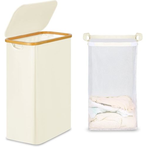 efluky Slim Laundry Basket with Lid, Narrow Laundry Hamper with Removable Bag, Skinny Dirty Clothes Basket with Bamboo Handles for Bathroom, Bedroom & Laundry Room, 65L Beige