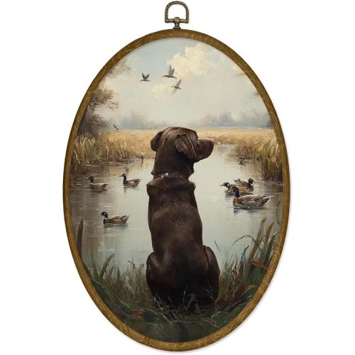 ODFGBDS Vintage Chocolate Lab Dog Lake Oval Wall Art Decor, Farmhouse Landscape Canvas Wall Art Framed, Rustic Mallard Duck Oval Hanging Decorations for Home Bedroom Living Room Decor, 8.6x11.4 Inch
