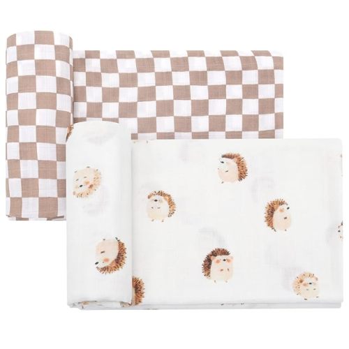 LifeTree Baby Swaddle Blankets, Boys Girls Muslin Swaddling Wrap Receiving Blanket for Newborn, 70% Viscose from Bamboo and 30% Cotton, Large 47" x 47", Hedgehog and Checkered