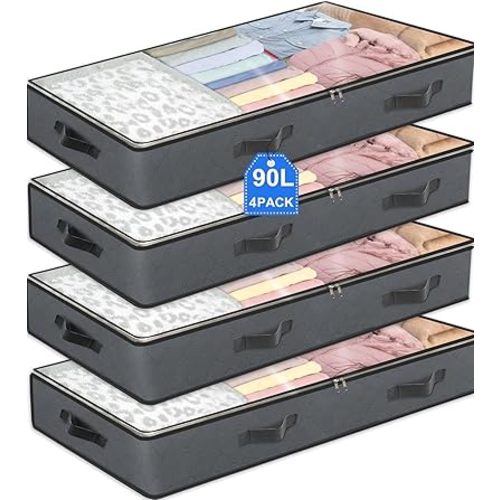 4 Pack Under Bed Storage, 90L Collapsible Closet Containers Organizers and Under Bed Storage Bins, Underbed Storage Bags for Wrapping Paper, Blanket, Towels, Clothes, Comforter, Sweaters, Linen Sheet